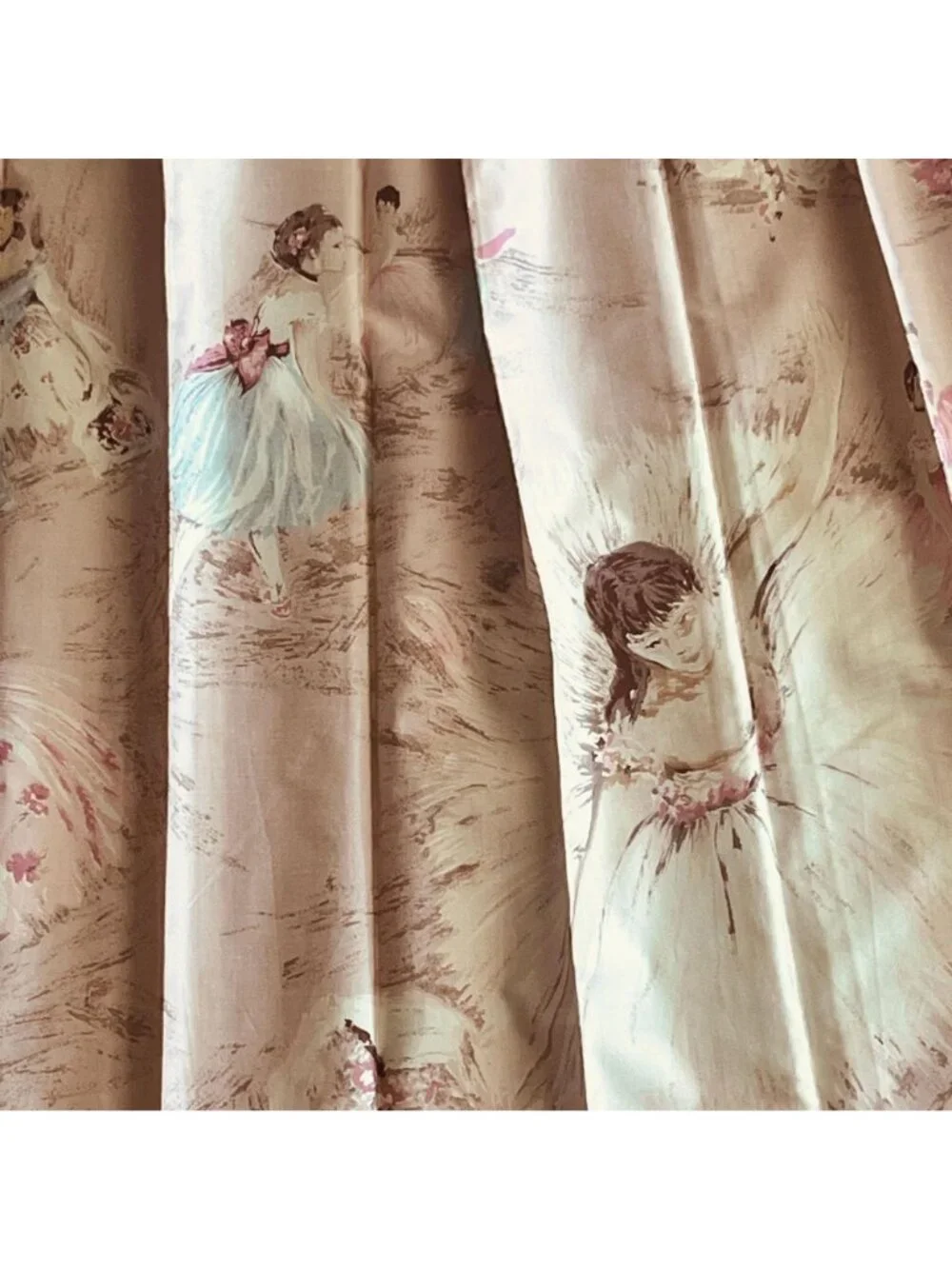 Pair Vintage Pink Ballerina Curtains Cotton Sateen With Pinch Pleats 40x40